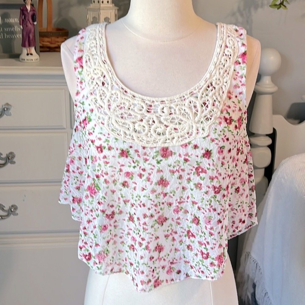 Crop Top Floral Flowy Peasant Tank Womens Small